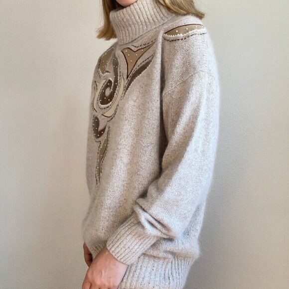 Vintage 80s Womens IB Diffusion Angora Silk Blend Geometric Beige Sweater Sz 2X - Picture 5 of 11